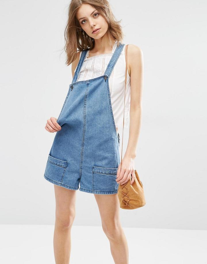 First & I Denim Pocket Romper - Blue