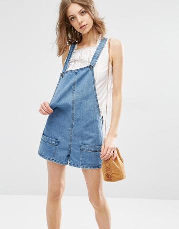 First & I Denim Pocket Romper - Blue