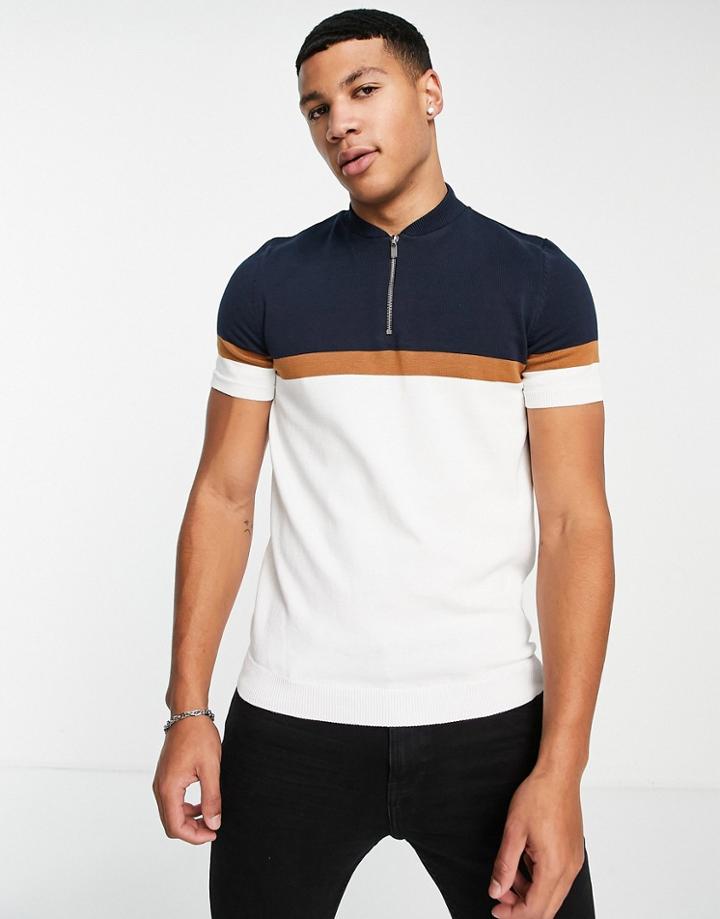 Topman Knitted Paneled Baseball Polo In Navy And White