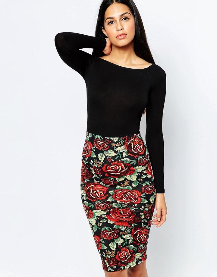 Club L Bardot Midi Dress With Stripe Skirt - Black