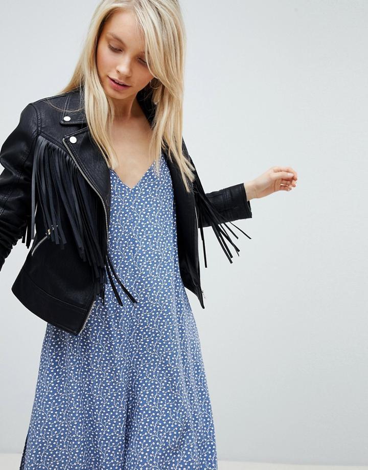 Miss Selfridge Leather Look Western Fringe Biker Jacket - Black