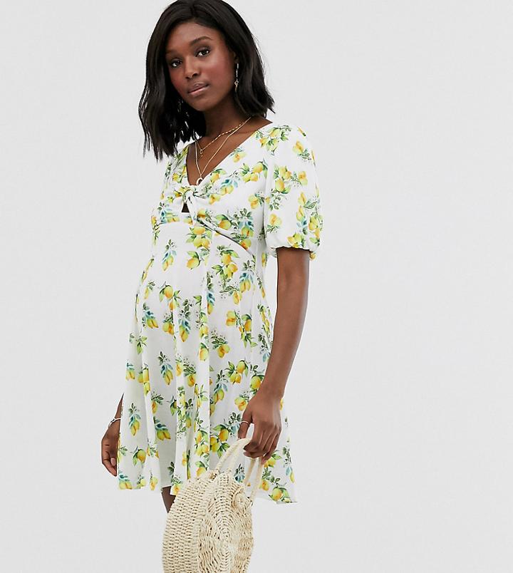 Asos Design Maternity Mini Textured Tea Dress With Knot Front In Lemon Print - Green