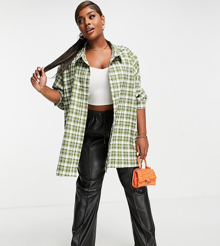 Public Desire Curve Oversized Khaki Check Shirt-multi