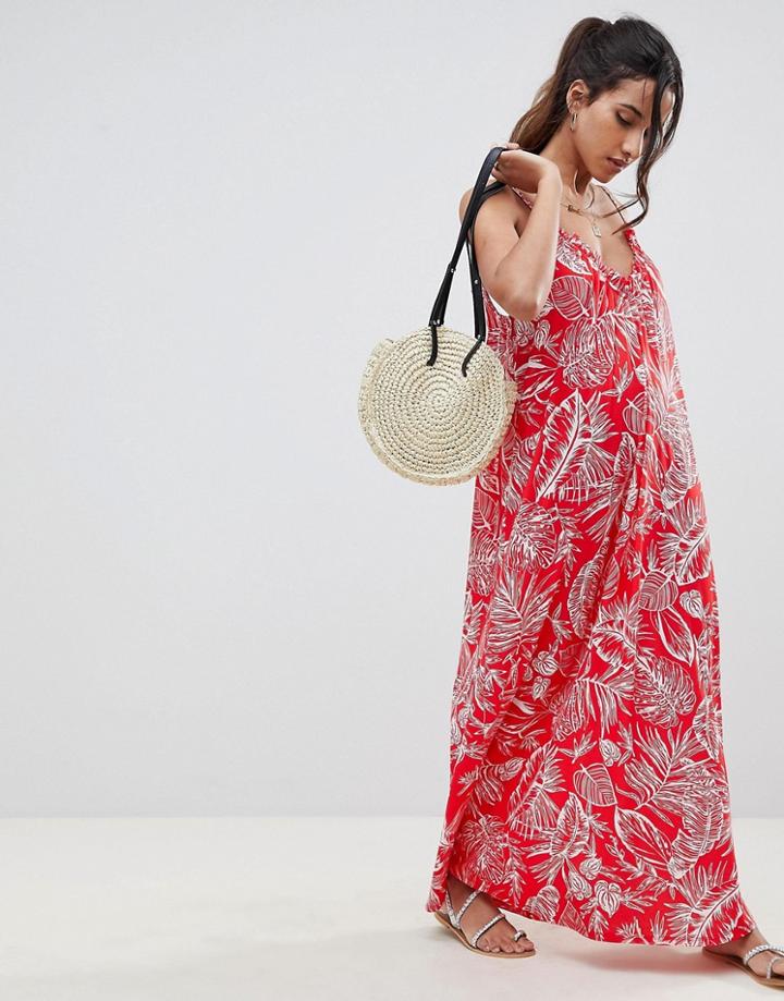 Asos Design Gathered Maxi Dress In Palm Print - Multi