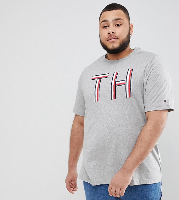 Tommy Hilfiger Plus Icon Stripe Th Logo Graphic T-shirt In Gray Marl - Gray