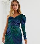 Reclaimed Vintage Inspired One Sleeve Velvet Mini Dress In Snake Print-multi