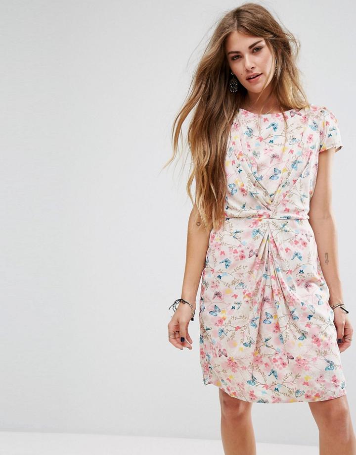 Yumi Gathered Front Dress In Butterfly Print - Pink