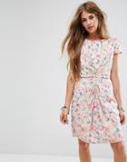 Yumi Gathered Front Dress In Butterfly Print - Pink