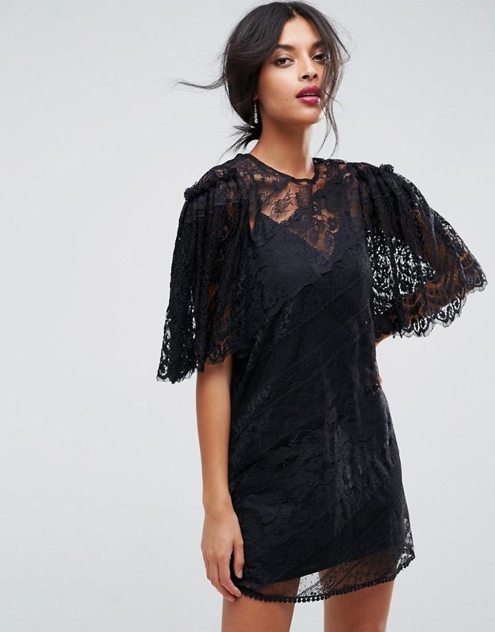 Asos Delicate Lace Patchwork Flutter Sleeve Mini Dress - Black