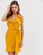 Asos Design Mini Belted Trench Dress In Soft Crepe-orange