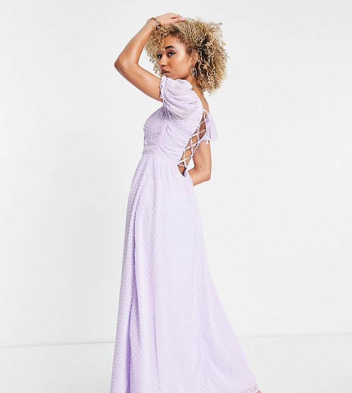 Missguided Textured Milkmaid Midaxi Dress With Lace-up Back In Lilac-purple
