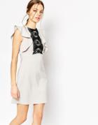 Asos Structured Frill Sleeve Lace Panel Dress - Gray
