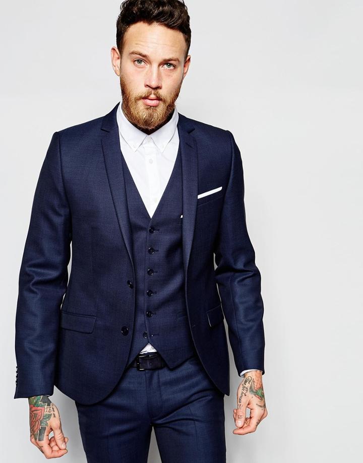 Heart & Dagger Suit Jacket In Birdseye Fabric In Skinny Fit - Navy