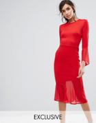 Silver Bloom Bodycon Dress With Fluted Sleeve And Chiffon Hem - Red