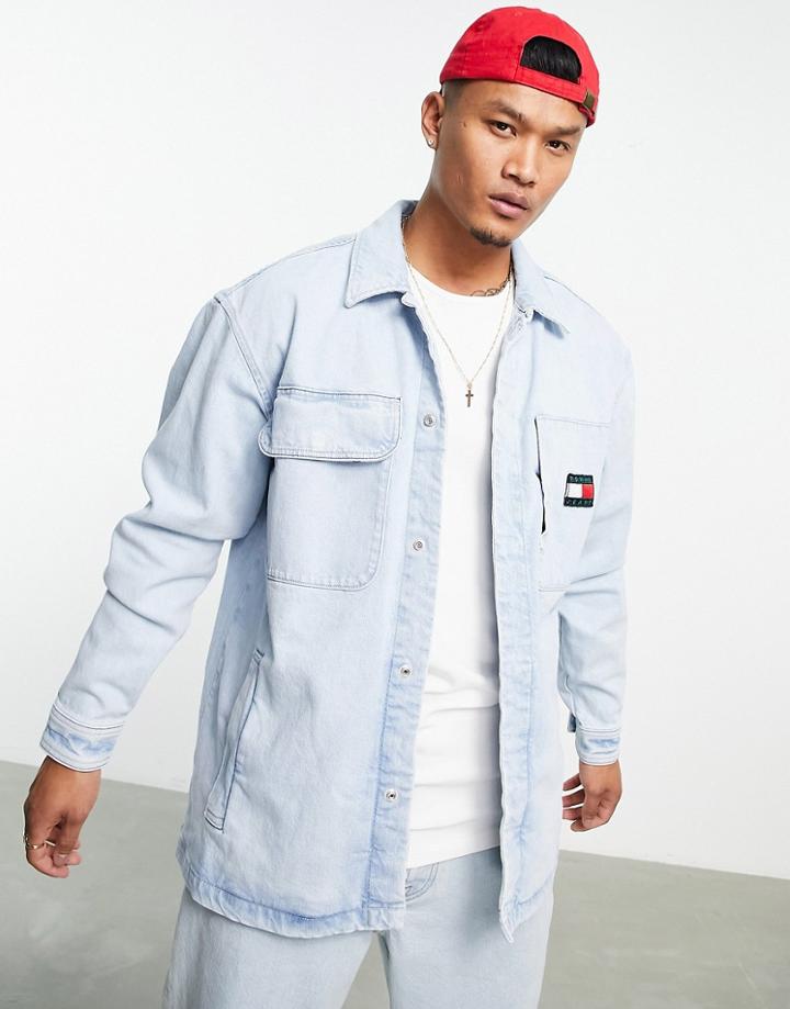 Tommy Jeans Oversized Surplus Denim Overshirt Jacket In Bleach Wash-blue