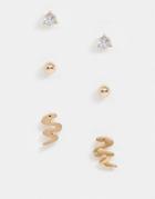 Asos Design Pack Of 3 Stud Earrings With Crystal Ball And Squiggle Design In Gold Tone
