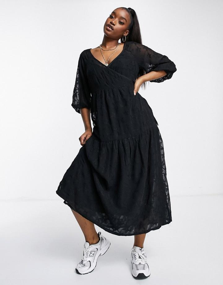 Asos Design Wrap Tiered Midi Dress In Star Mesh In Black