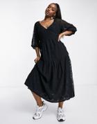 Asos Design Wrap Tiered Midi Dress In Star Mesh In Black