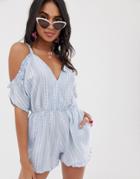 Accesorize Cold Shoulder Embroidered Beach Romper In Blue - Blue