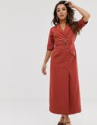 Asos Design Denim Double Breasted Midi Dress With Short Sleeve In Rust - Orange