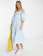 Influence Puff Sleeve Tiered Midi Dress In Blue Gingham