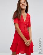 Asos Tall Tea Dress With Rouleau Buttons And Layered Skirt - Red