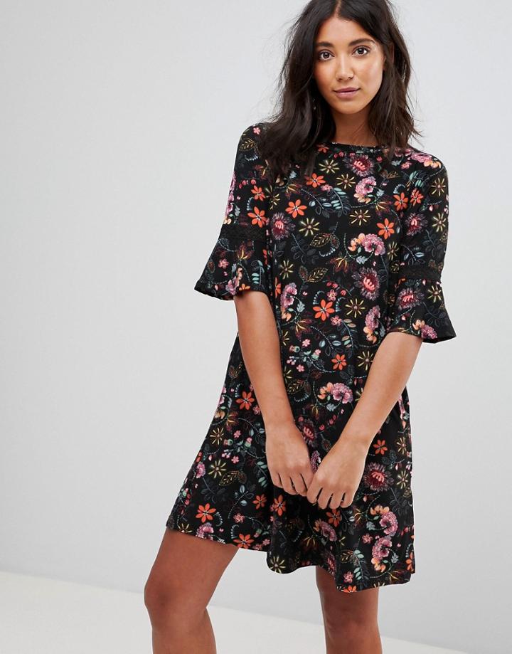 Qed London Floral Frill Smock Dress - Multi