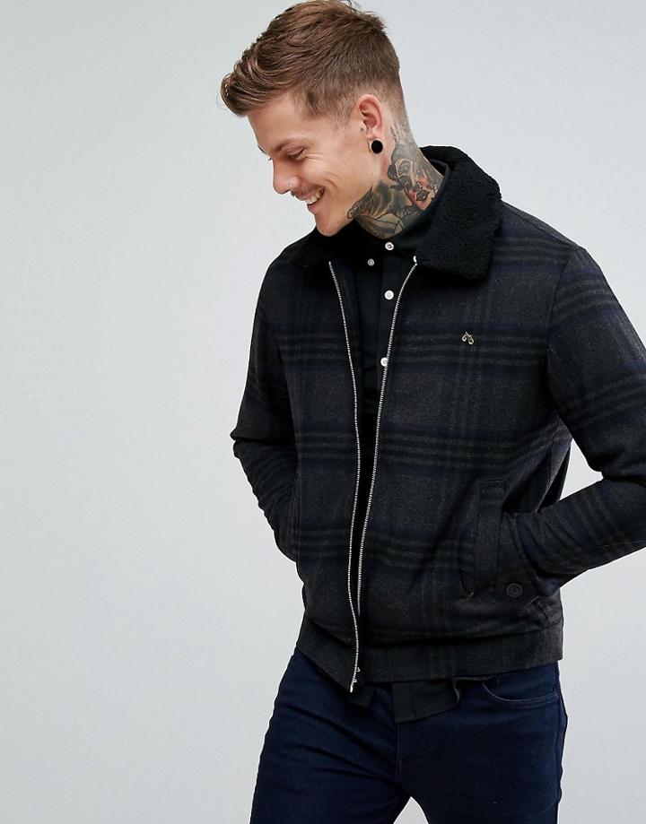 Farah Otley Fleece Collar Check Wool Jacket In Gray - Gray