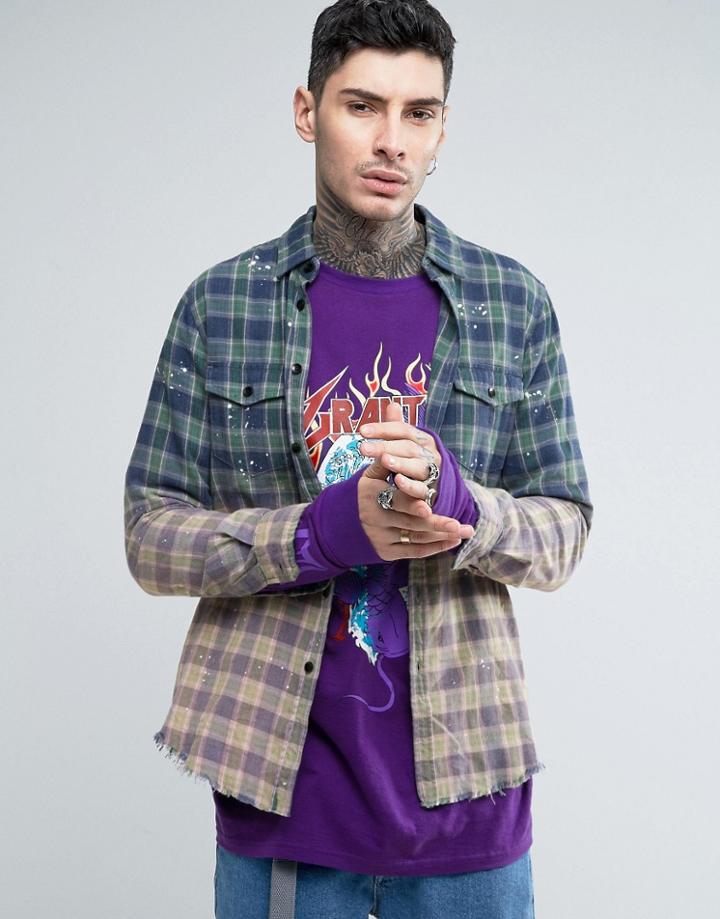 Reason Flannel Check Shirt In Dip Dye With Raw Hem - Blue