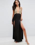 Asos Beach Premium Gold Fan Embellished Maxi Dress With Splits - Black