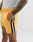 Asos Design Skinny Short Shorts In Poly Tricot With Knitted Side Stripe In Yellow - Yellow