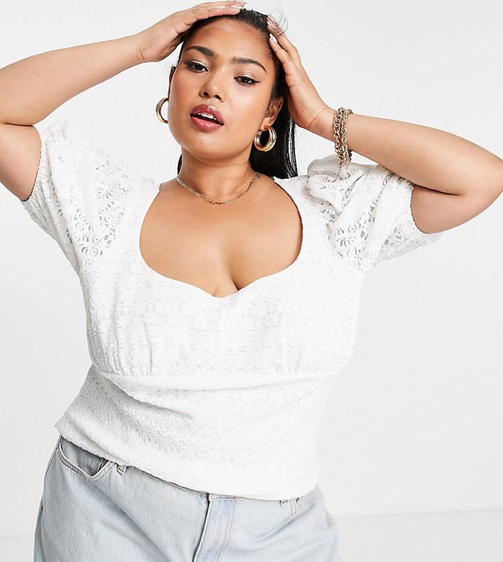 Fashion Union Plus Scoop Neck Puff Sleeve Blouse In Stretch Lace-white