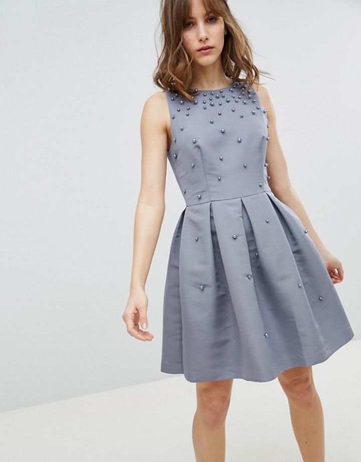 Ted Baker Tie The Knot Pearl Embellished Skater Dress - Gray