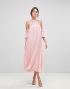 True Decadence Pleated Swing Dress With Cold Shoulder Detail - Orange