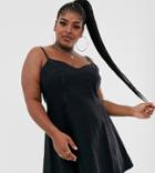 Asos Design Curve Denim Strappy Sweetheart Neck Skater Dress With Seam Detail-black