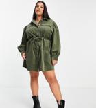 Asos Design Curve Corduroy Mini Shirt Dress In Khaki-green