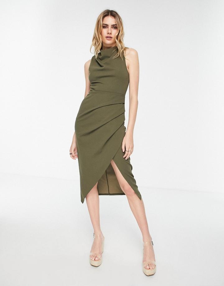 Asos Design Fitted Midi Dress With Tuck Detail In Khaki-green