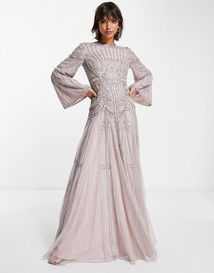 Asos Design All Over Embellished Maxi Dress With Flared Sleeves-multi