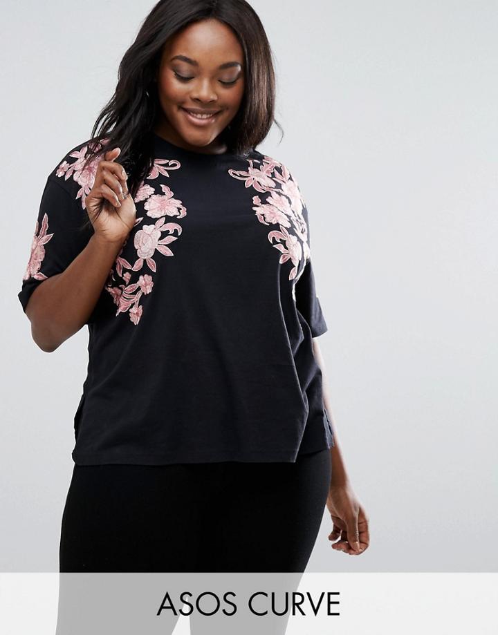 Asos Curve T-shirt With Floral Embroidery - Black