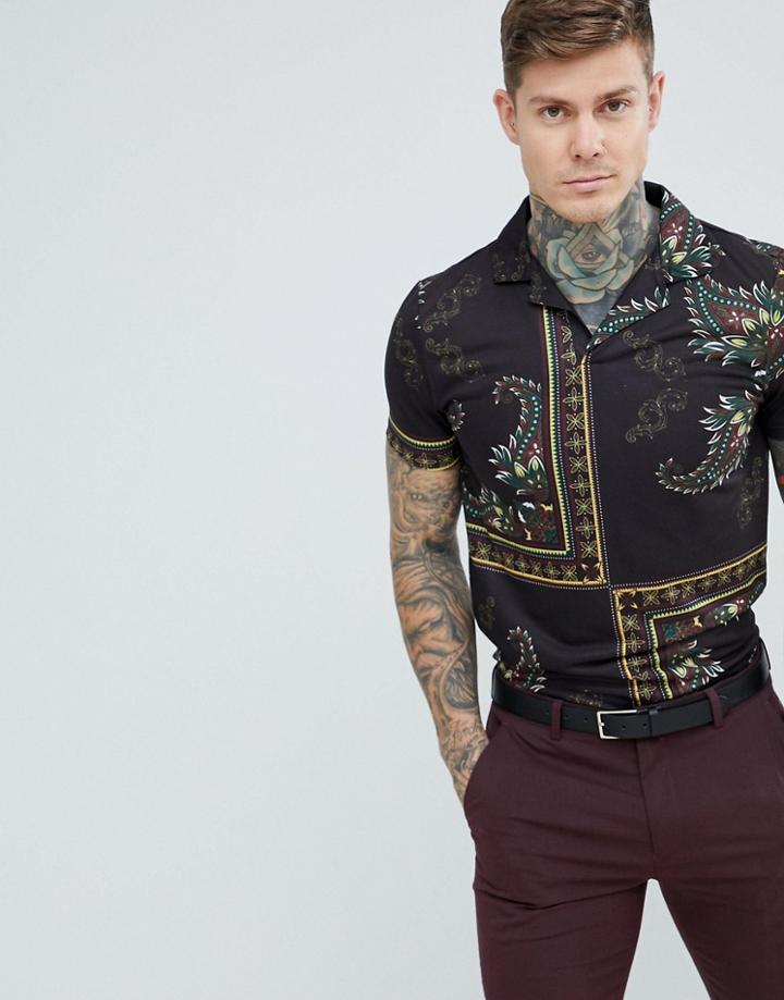 Asos Design Polo Shirt With Bandana Print And Revere Collar - Black