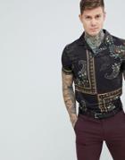 Asos Design Polo Shirt With Bandana Print And Revere Collar - Black