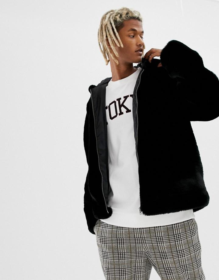 Asos Design Hooded Faux Fur Jacket In Black - Black
