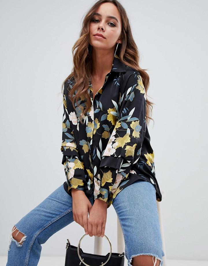 Prettylittlething Frill Sleeve Shirt In Navy Floral - Navy
