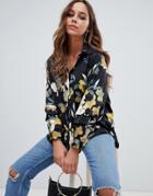Prettylittlething Frill Sleeve Shirt In Navy Floral - Navy