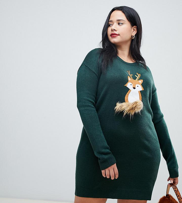 Brave Soul Plus Foxie Christmas Sweater Dress - Green