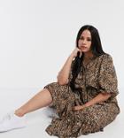 John Zack Plus Tie Neck Midi Dress With Peplum Hem In Leopard Print-multi