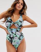 Asos Design Fuller Bust Exclusive Twist Front Slinky Swimsuit In Shiny Floral-multi