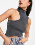 Topshop Coordinating Acid Wash Cut-out Funnel Crop Top In Gray-grey