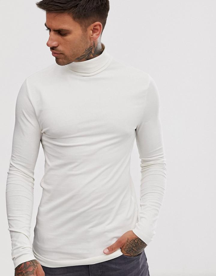 Asos Design Long Sleeve T-shirt Will Roll Neck In Off White - White