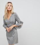 Parisian Petite Check Wrap Front Dress With Flare Sleeve - Gray